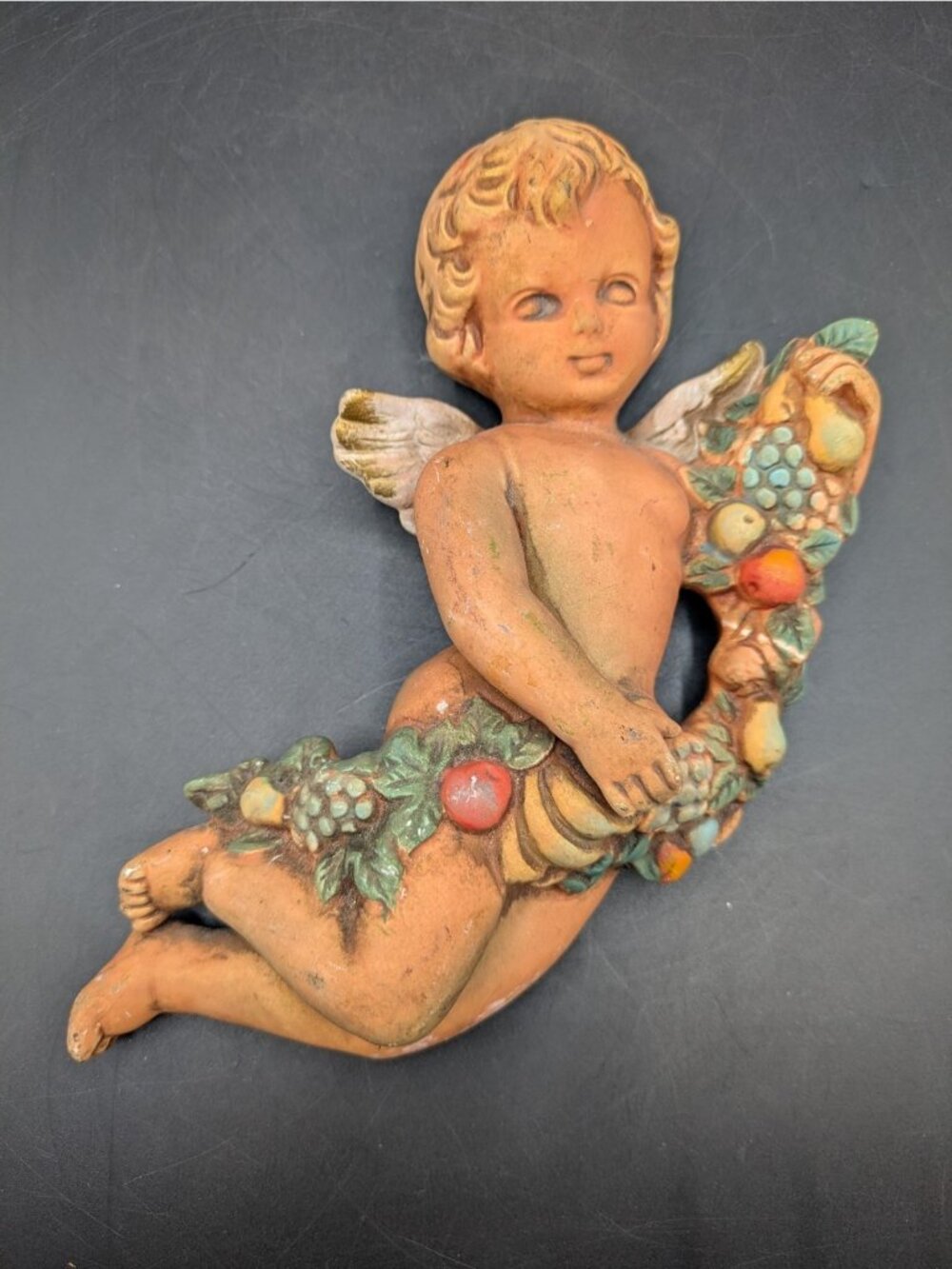 Vtg Chalkware Ceramic Cherub Angel Fruit Wall Hanging Plaque Figurine 8"